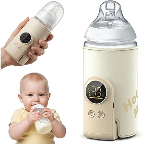 Portable Bottle Warmer for Travel - Car Waterless Bottle Warmer for Breastmilk & Formula Milk - Rechargeable Battery Powered Fast Heating with Temperature Control for On the Go Baby Feeding