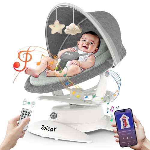 Zoicay Baby Swing, Baby Rocker Stationary Seat Infants Swing 3-IN-1 Design, Motion Detection, 5 Speeds & 3 Modes, 12 Melodies & Bluetooth Music, Gray