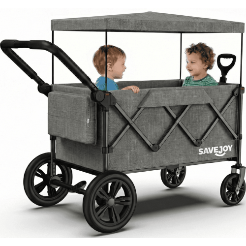 Wagon Stroller for Kids, SaveJoy 3-in-1 Collapsible Stroller Wagon for 2 Toddlers with Removable Canopy, 5-Point Harness, All-Terrain Wheels