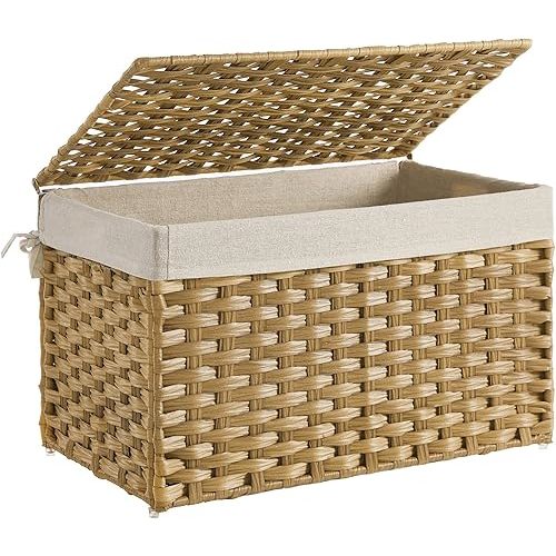 SONGMICS Storage Basket with Lid, Woven Blanket Storage Bin with Handles, Foldable, Removable Liner, Metal Frame, for Bedroom, Laundry Room, 17.2 Gallons (65 L), Natural URST56NL