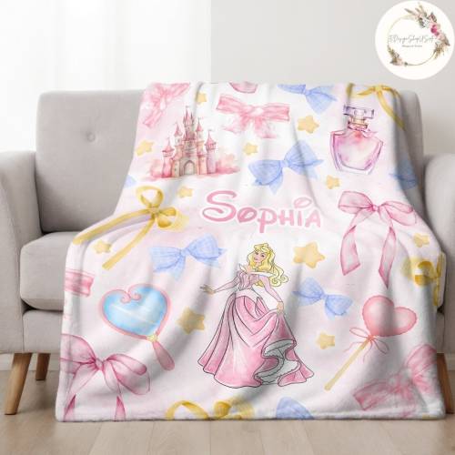 Personalized Watercolor Coquette Bows Sleeping Beauty Disney Princess Aurora Blanket, Disney Castle Maleficent Princess Birthday Girl Gifts