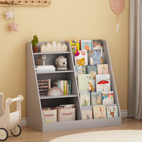 SESSLIFE Kids Bookshelf and Toy Storage Organizer, Wood 4-Tier Kids Bookcase with Front-Facing Book Display Stand and Open Shelves, Freestanding Book Shelf for Kids Room, Playroom, Nursery, Gray