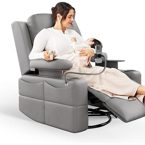 Rocking Chair Nursery with Adjustable Armrests, Electric Glider Recliner Nursing Chair for Breastfeeding, Power Swivel Recliner Chairs with USB Port and Storage, FSC Certified (Haze)