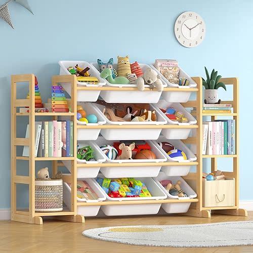 Large Toy Storage Organizer Kids Toy Organizer and Bookshelf Combo with 12 Bins and 6 Shelves Toy Organization Box Toy Shelf for Playroom, Bedroom, Nursery