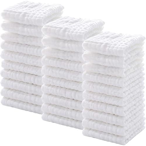 Chumia 30 Pcs Baby Muslin Washcloths Muslin Burp Cloths Baby Towel Natural Cotton Burp Cloths Wipes Soft Newborn Face Towel Absorbent for Face Bath Shower, 12 x 12'' (White)