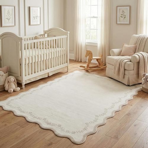 GarveeHome 4x6 Neutral Beige Scalloped Washable Area Rug for Girls Bedroom, Solid Floral Soft Nursery Rug Non Slip Low Pile Small Carpet Stain Resistant Throw Rug for Dorm Kids Room Office Dining Room