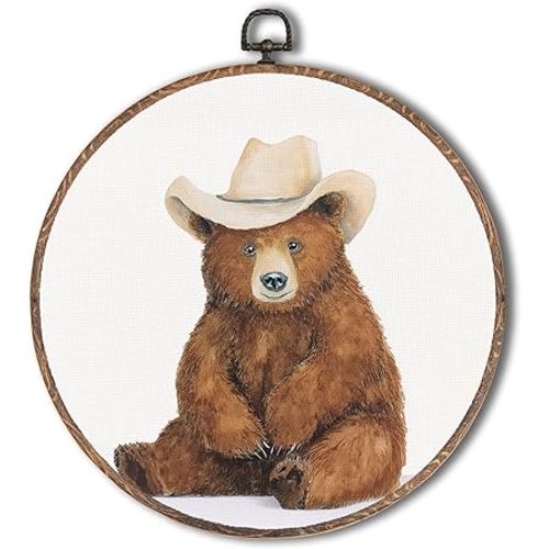 Tzhim Western Bear Round Wall Art, Vintage Country Cowboy Bear Round Wall Decor Framed, Rustic Western Wild Animal Canvas Walls Sculptures for Home Bedroom Living Room Decor, 10x10 Inch