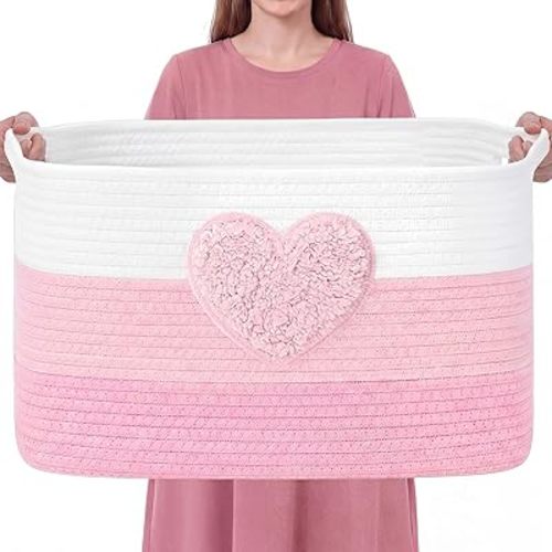 Pink Extra Large Blanket Basket 65L Love Rectangle Woven Storage Basket with Handle for Storing Dirty Clothes Stuffed Animal Toy Storage for Living Room Bathroom 22" x 15" x 12"
