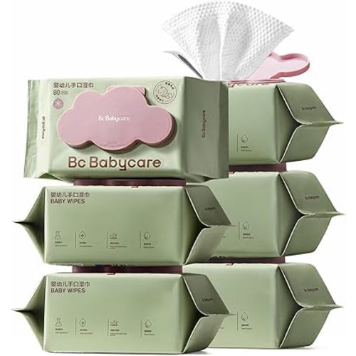 Bc Babycare Cloud Moist Wet Baby Wipes, Thick & XL, 99% Water, Ultra-Hydrating, Unscented, Hypoallergenic for Sensitive Skin, Biodegradable, 6 Flip-Top, 480 Count