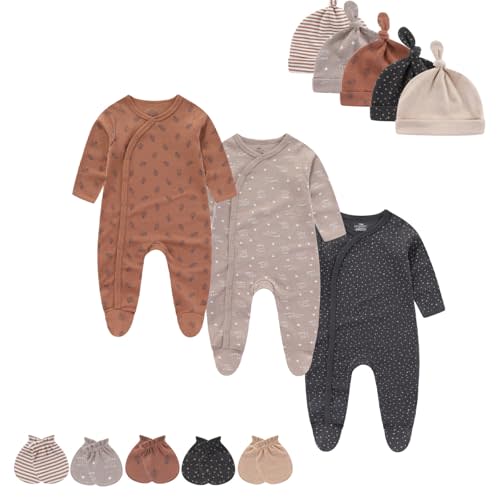 MAMIMAKA Baby Boy Girls Clothes 2-Way Zip Footed Long Sleeve 100% Cotton,Newborn Caps and Scratch Mittens Set 0-6 Months