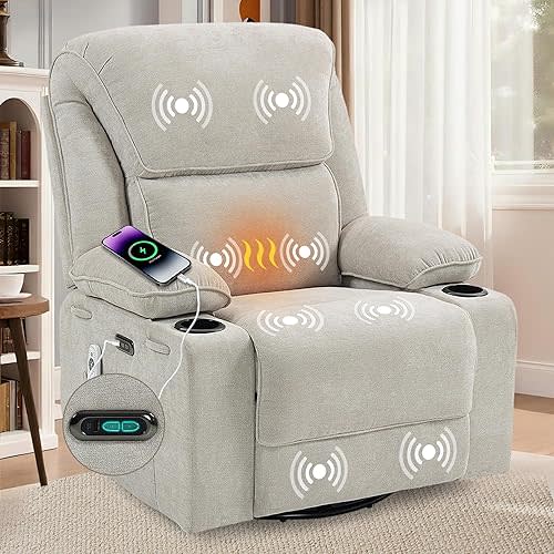 Recliner Chair Power Control, Nursery Reclining & Rocking Chair and Glider, Massage Swivel Living Room Furniture for Small Spaces, Bedroom, RVS, Lounge Sofa Chairs with USB & Type C Ports, Light Gray