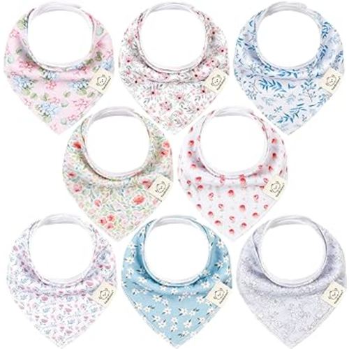 8-Pack Organic Baby Bandana Bibs for Girls - Super Absorbent Triangle Baby Bibs for Drooling and Teething Infant, 100% Cotton Extra Soft for Newborn, Infant 0-36 Months (Flourish)