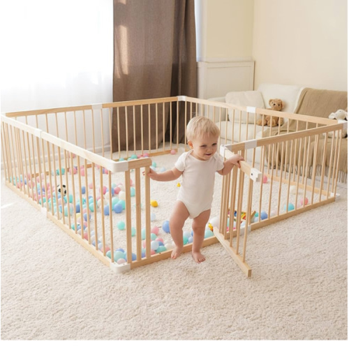 Wooden Playpen & Play Yards for Babies and Toddlers, Foldable Wood Baby Play Fence with Locking Gate, Kids Activity Area Center Indoor Outdoor, Pinewood