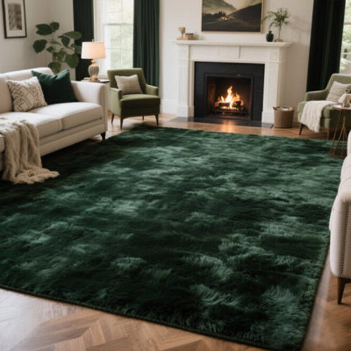 Stylish Fluffy Dark Green Plush Rug | Wayfair