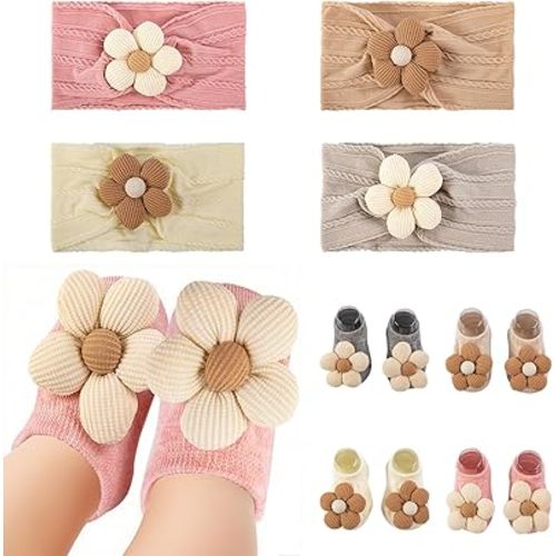 Baby Girl Headband and Socks,Cute Flower Non-Slip Grip Socks and Soft Hairbands Hair Accessories Sets for Babies Toddler Newborn Infant Girl