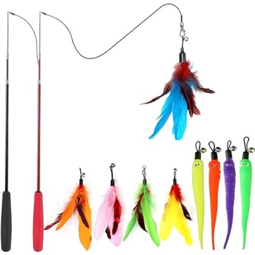 MeoHui Cat Toys for Indoor Cats, Interactive Cat Toy 2PCS Retractable Wand Toy and 9PCS Cat Feather Toys Refills, Funny Kitten Toys Cat Fishing Pole Toy for Bored Indoor Cats Chase and Exercise