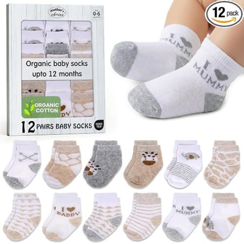 Mother's Choice Baby Socks 0-6 Months 12 Pairs Organic Cotton Blend Newborn Socks for Boys Stay-On Stretch Infant Socks OEKO-TEX Certified Baby Gift