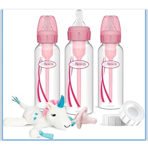 Dr. Brown’s Natural Flow Anti-Colic Options+Narrow 8oz/250mL Baby Bottle + Lovey Gift Set with Level 1 Slow Flow Nipples, Pink