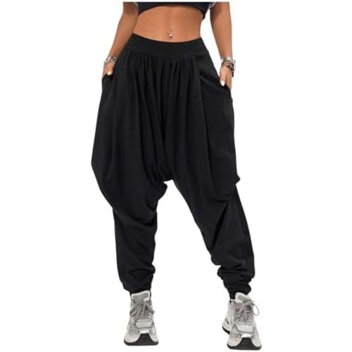Verdusa Women's Hippie Baggy Harem Pants Elastic Waist Drop Crotch Trousers with Pockets