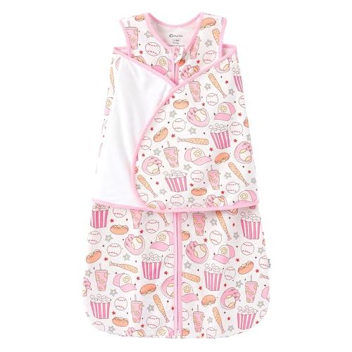 PATPAT Cotton Newborn Swaddle, Transition Sleep Sack, Pink Snack, 0-3M | Quiet Hook-And-Loop, 4-In-1 Adjustable Design, Removable Wings, 2-Way Zipper, Easy Diaper Changes, Gentle On Skin, 0.5 Tog