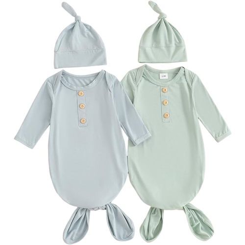 Newborn Knotted Gown 2 Pack Plain Sleeper for Baby Boy Girl Coming Home Outfit