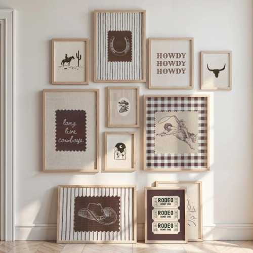 Western Prints, Boys Room Wall Art, Vintage Cowboy Print Set of 11, Neutral Gallery Wall Set, Gingham Stripe Nursery Decor, Retro Rodeo Art - Etsy