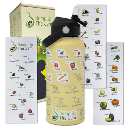 Bump Up The Jam Pregnancy Water Bottle Tracker - 32 ounce Stainless Steel - Includes Weekly Pregnancy Tracker Stickers (Lemon Frost)