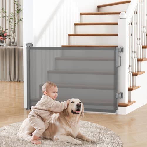 Cideny Retractable Baby Gate for Stairs, 55" Wide Mesh Dog Gate Indoor, 34'' Tall Child Gate for Doorways, Hallways, Deck, Indoor Outdoor Pet Baby Safety Essentials for Home, Grey