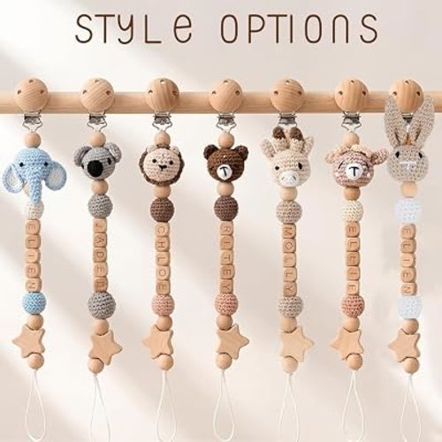 Crochet Animal Pacifier Clip with Name – Custom Wooden Name Pacifier Clip for Baby Boys and Girls