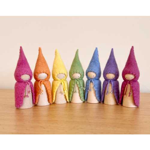 7 Rainbow Wooden Gnomes Set, felt peg gnomes, Open-ended Play Doll, Imaginative Sensory Play,  Nature inspired Waldorf Toy, birthday ring