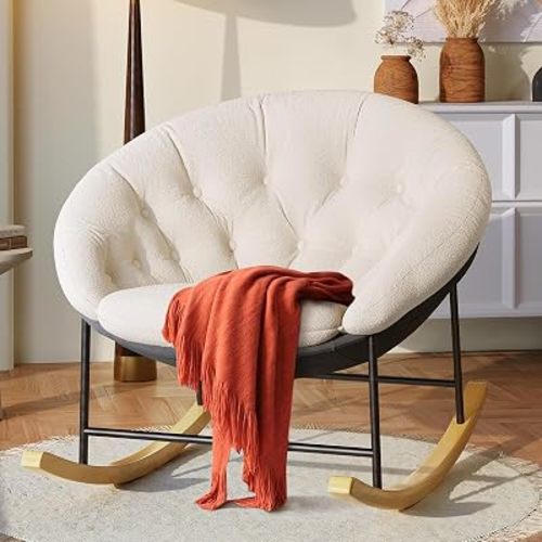 Kidirect Wide Rocking Chair Nursery, Comfy Saucer Nursery Rocking Chairs with Removable Cushion, Indoor Papasan Nursing Chair for Breastfeeding, Mecedora Para Adultos for Living Room & Bedroom (Cream)