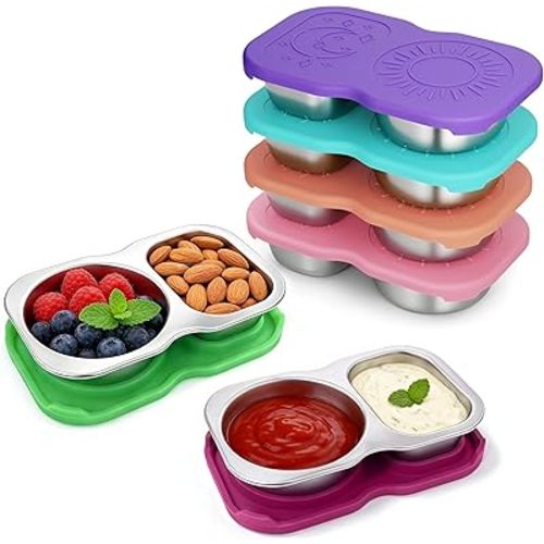QCQHDU Snack Containers, 2-Compartment Small Stainless Steel Reusable Snack Boxes for Portion Control, Meal Prep Lunch Food Sauce Storage Lunchable Accessories Salad Dressing Containers to Go, 6 Pack