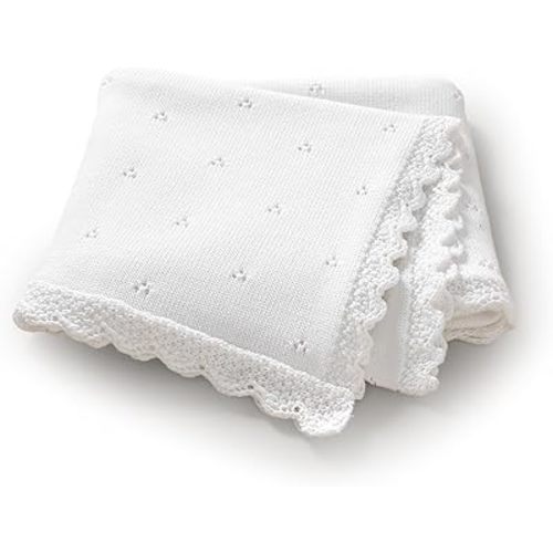 LAWKUL Organic Cotton Baby Blanket for Newborn Boys Girls, Knitted Crochet Receiving Blankets Crib Nursery Swaddle, 30x40 Inch (White)