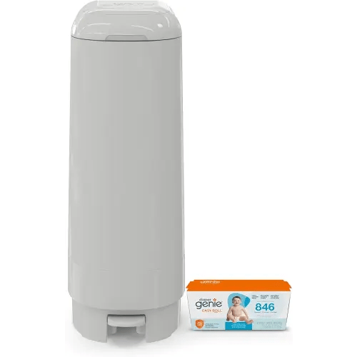 Diaper Genie Signature Pail Includes 1 Easy Roll Refill with 18 Bags | Holds Up to 846 Newborn-Sized Diapers Per Refill, Grey 1.0 Count