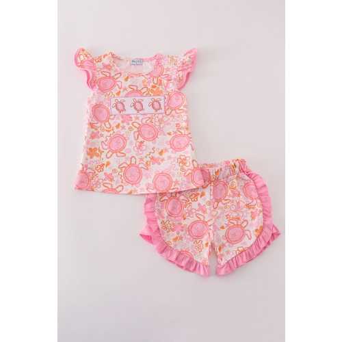 Abby & Evie Girl's Pink Orange Turtle Floral Embroidered Embroidery 2 Piece Short Set Summer Vacation Sibling Matching