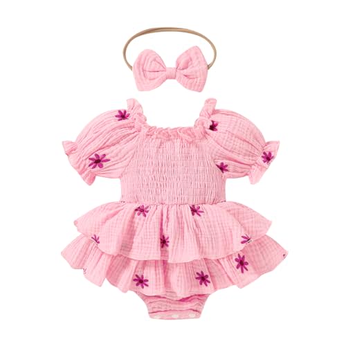 Happy Town Baby Girl Clothes Infant Summer Romper Dress Ruffle Short Sleeve Jumpsuit with Headband Cute Toddler Outfits