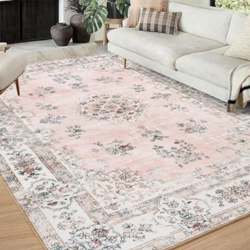 Lahome Washable 8x10 Living Room Rug, Soft Pink Floral Area Rugs for Girl Bedroom Dinning Room Office, Non-Slip Stain Resistant Lightweight Foldable Carpet for Fall Winter Home Decor