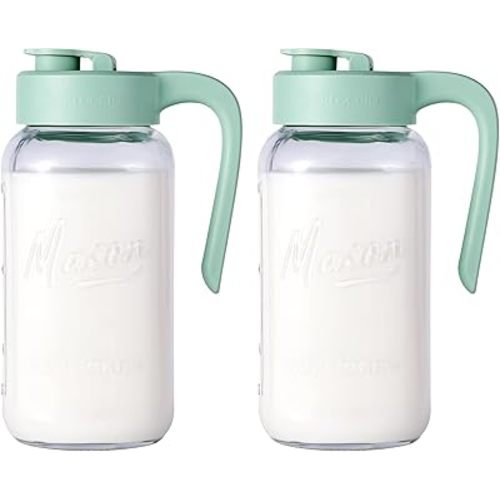 Mason Jar Pitcher - Airtight & Leakproof Glass Pitcher with Lid[set of 2], Perfect for Breastmilk, Cold Brew, and Sun Tea, 2 Quart (64 oz) Mason Jar with Pour Spout Lid