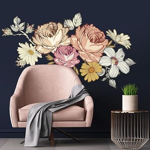 Vintage Peony Flower Wall Sticker,Large Retro Floral Wall Decal with Roses,Daisies and Wildflowers for Bedroom,Living Room,Nursery or Entryway,iinuu Romantic Cottagecore Decor