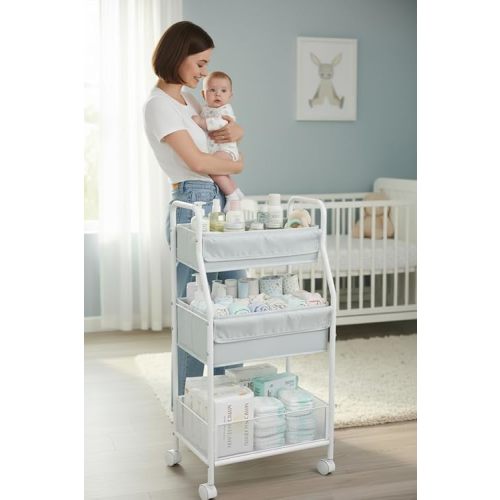 Moteph Rolling Utility Cart with Wheels, 3-Tier Diaper Cart, Rolling Nursery Cart & Baby Caddy Organizer for Nursery Essentials, Bedside/Postpartum Cart, Craft & Art Storage, Rolling Book Cart
