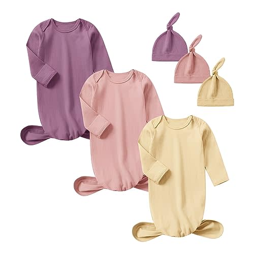 OPAWO Newborn Baby Knotted Gowns with Mitten Cuffs and Hat Baby Sleeper Gowns Coming Home Outfit for Baby Boy Girl 0-6 Months
