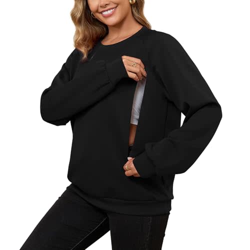 DEBELLY Nursing Friendly Sweatshirt for Breastfeeding Women Dual Zippers Nursing Top Long Sleeve Crew Neck Casual Wear