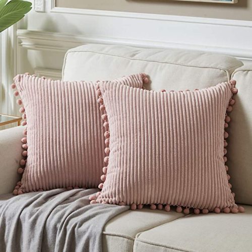 Fancy Homi Pack of 2 Decorative Throw Pillow Covers with Pom-poms, Soft Corduroy Solid Square Cushion Case Pillow Cases Set for Couch Sofa Bedroom Car Living Room (18x18 Inch/45x45 cm, Blush Pink)