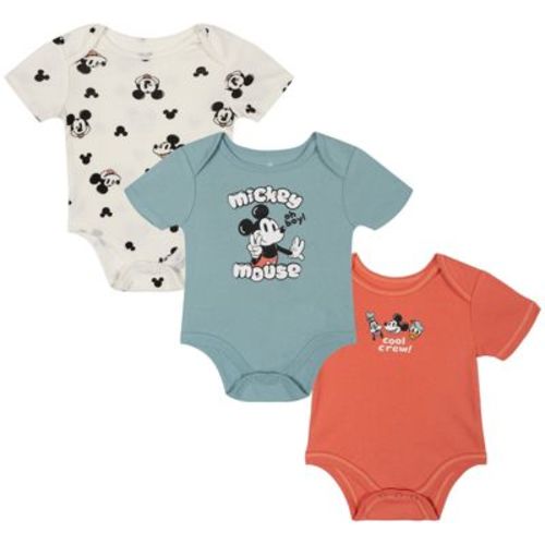 Disney Mickey Mouse Baby Boys' 3-Pack Short Sleeve Graphic and Printed Knit Bodysuits with Snap Closure Red Blue 0-3 Months