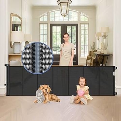 Reinforced 90 Inch Retractable Baby Gates Extra Wide Baby Gate with Reinforced Strips, 7.5ft Long Retractable Dog Gate for The House 33 Inch Tall Extra Long Pet Gates for Wide Openings, Black