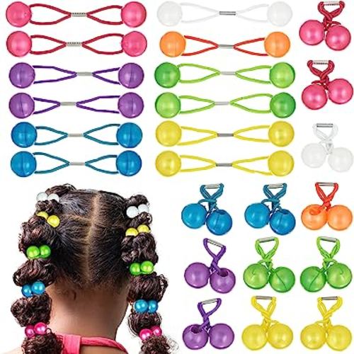 Expressions 24pc Ponytail Ball Hair Elastics Collection,Brightly Colored Marble Finish Twin Bead Ponytail Balls For Girls And Toddlers