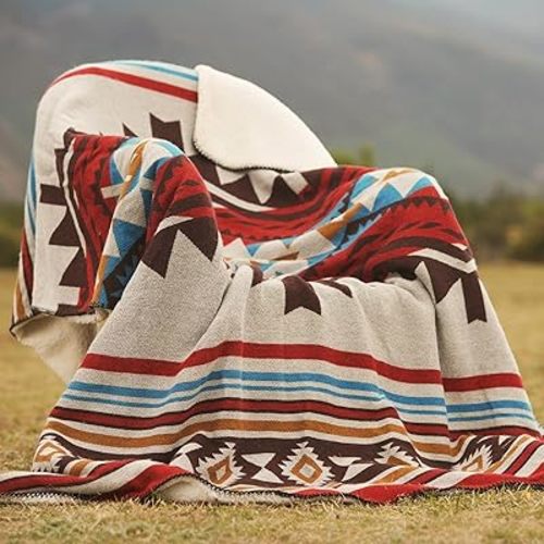 Aztec Throw Blanket Soft Sherpa Lining Navajo 50"x60" Stripe Red