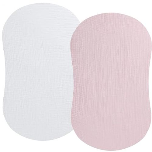 Muslin Bassinet Sheet Compatible with Halo Bassinest Swivel Flex Glide Premiere & Luxe Series Sleeper 2 Pack Cotton Stylish Boho Fitted Bassinet Sheets Super Soft for Baby White & Pink