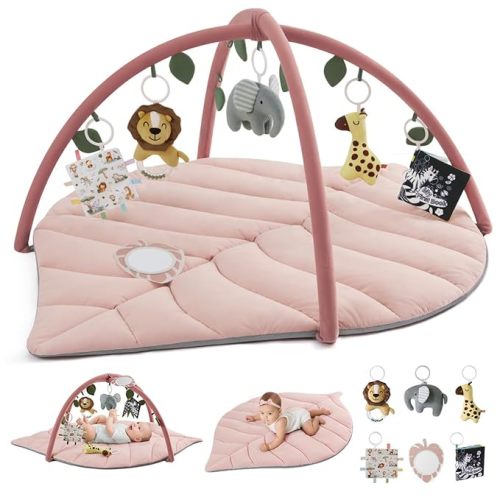 Baby Play Gym & Activity Mat, Oversize Leaf Shaped Tummy Time Baby Play Mat w 6 Detachable Toys Promotes Motor Skills & Sensory Development, Newborn Infant Essentials Gift, Crystal Pink