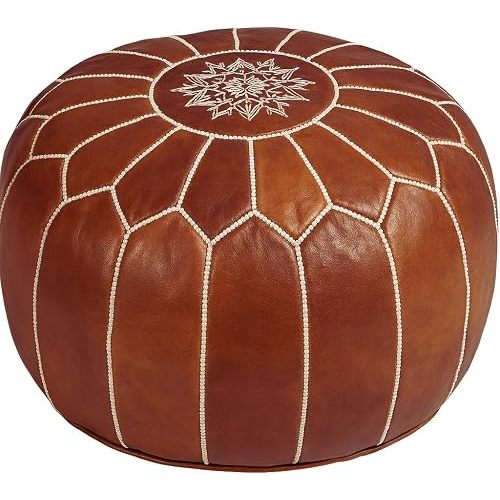 Mina Poufs Stuffed Round Design Moroccan Leather Pouf Ottoman, Handmade, Pre-Filled, 100% Genuine Leather, 13” Height x 20” Diameter, Footstool & Living Room Décor (Dark Tan)